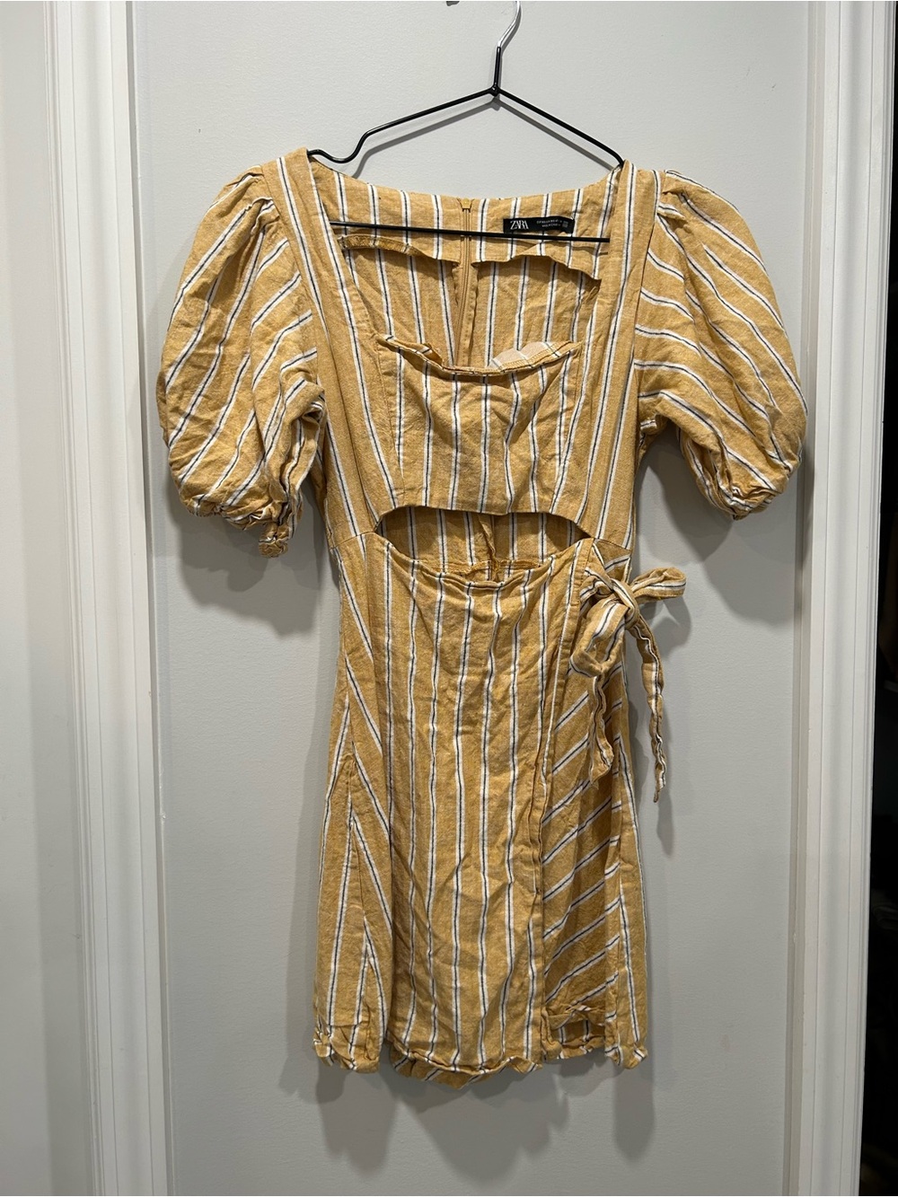 Zara Mustard and White Striped Puff-Sleeve Mini Dress